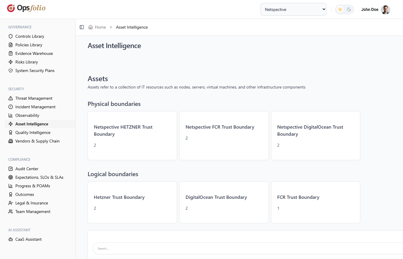 Fleetfolio asset intelligence dashboard showing trust boundaries, asset counts, and activity log