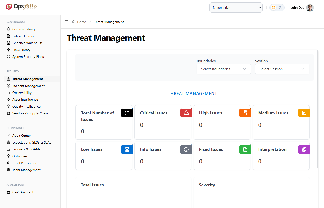 Fleetfolio Threat Management dashboard showing issue severity breakdown with critical, high, medium, low, and info categories alongside fixed issues and interpretation metrics